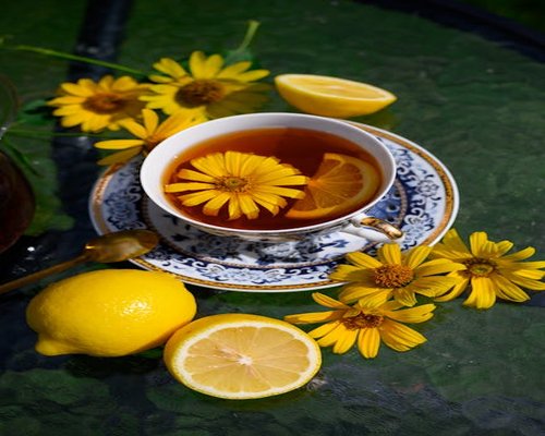 warm herbal tea on a wooden table